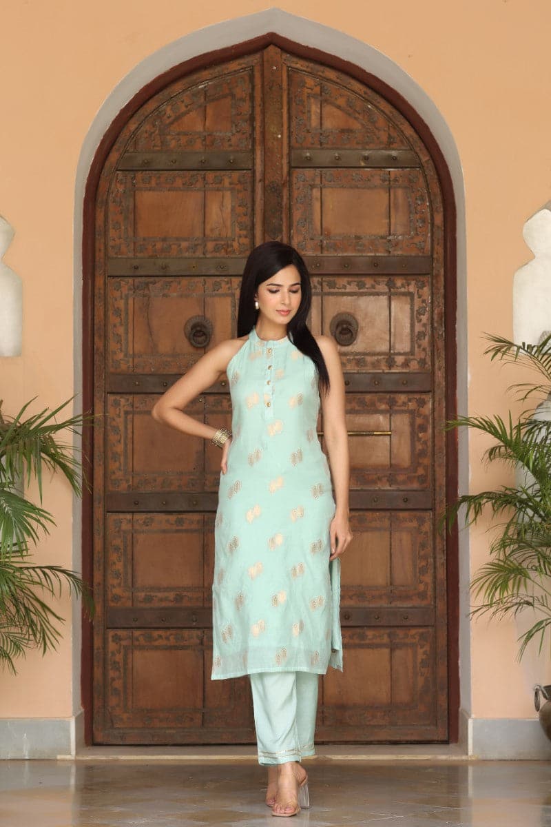 Blue Poly Chanderi Woven Kurta Set VKSET1259