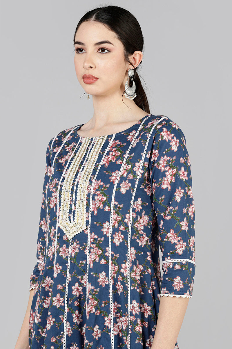 AHIKA Women Navy Blue Printed Kurta With Trousers