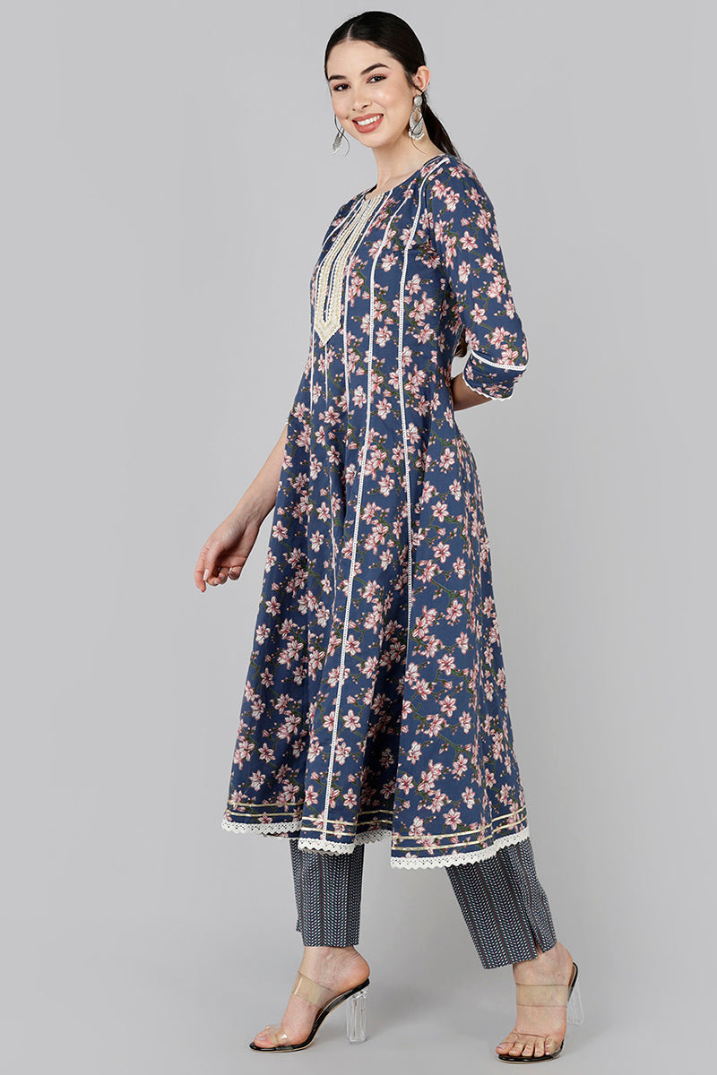 AHIKA Women Navy Blue Printed Kurta With Trousers