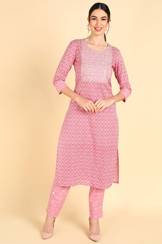 AHIKA Women Pink Printed Kurta With Trousers