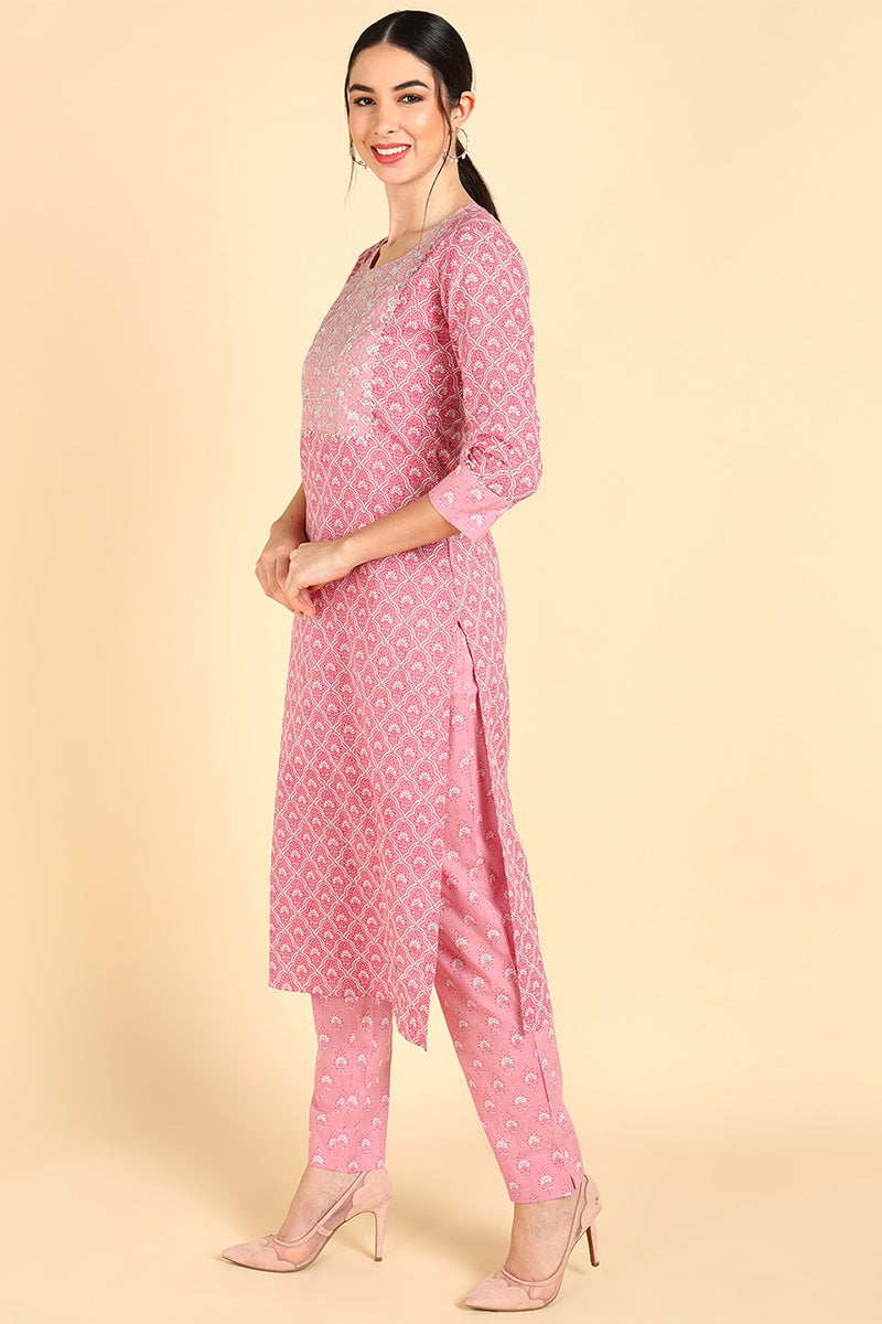 AHIKA Women Pink Printed Kurta With Trousers