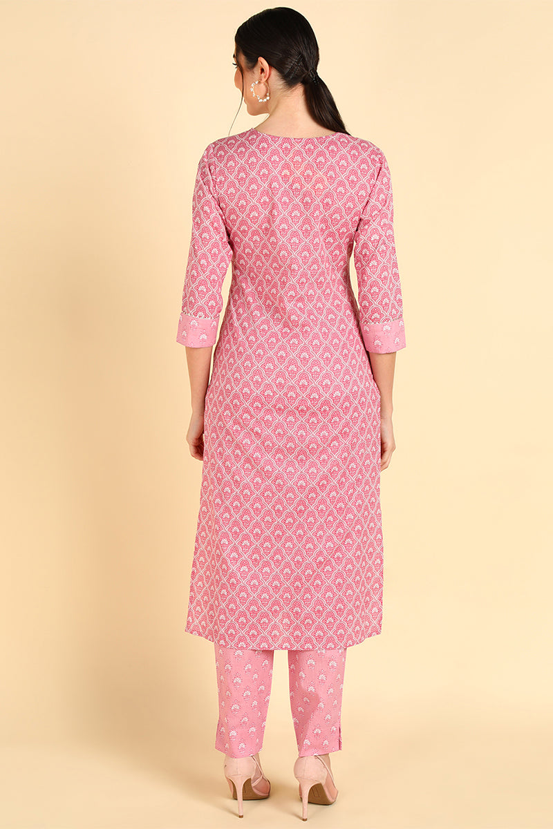 AHIKA Women Pink Printed Kurta With Trousers