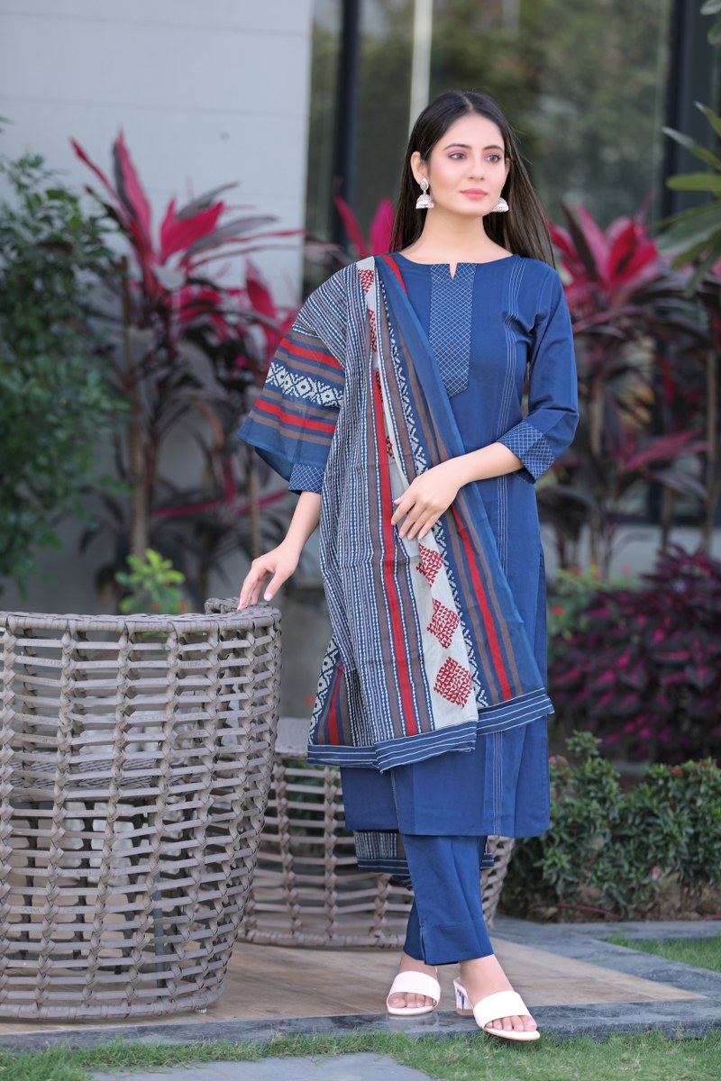 Ahika Women Blue Color Cotton Fabric Printed Fancy Kurta And Palazzo Dupatta Set