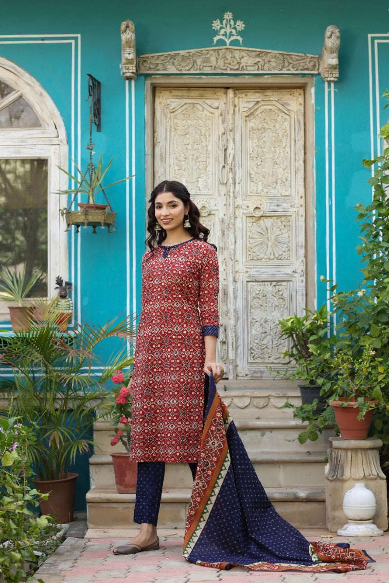 Ahika Women Blue And Red Color Cotton Fabric Printed Fancy Kurta And Palazzo Dupatta Set