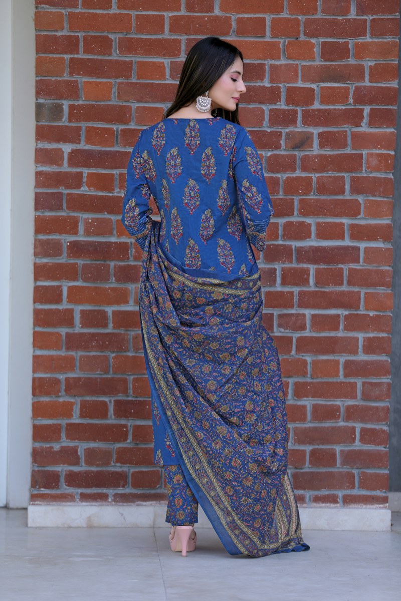 Ahika Women Blue Color Cotton Fabric Printed Fancy Kurta And Palazzo Dupatta Set