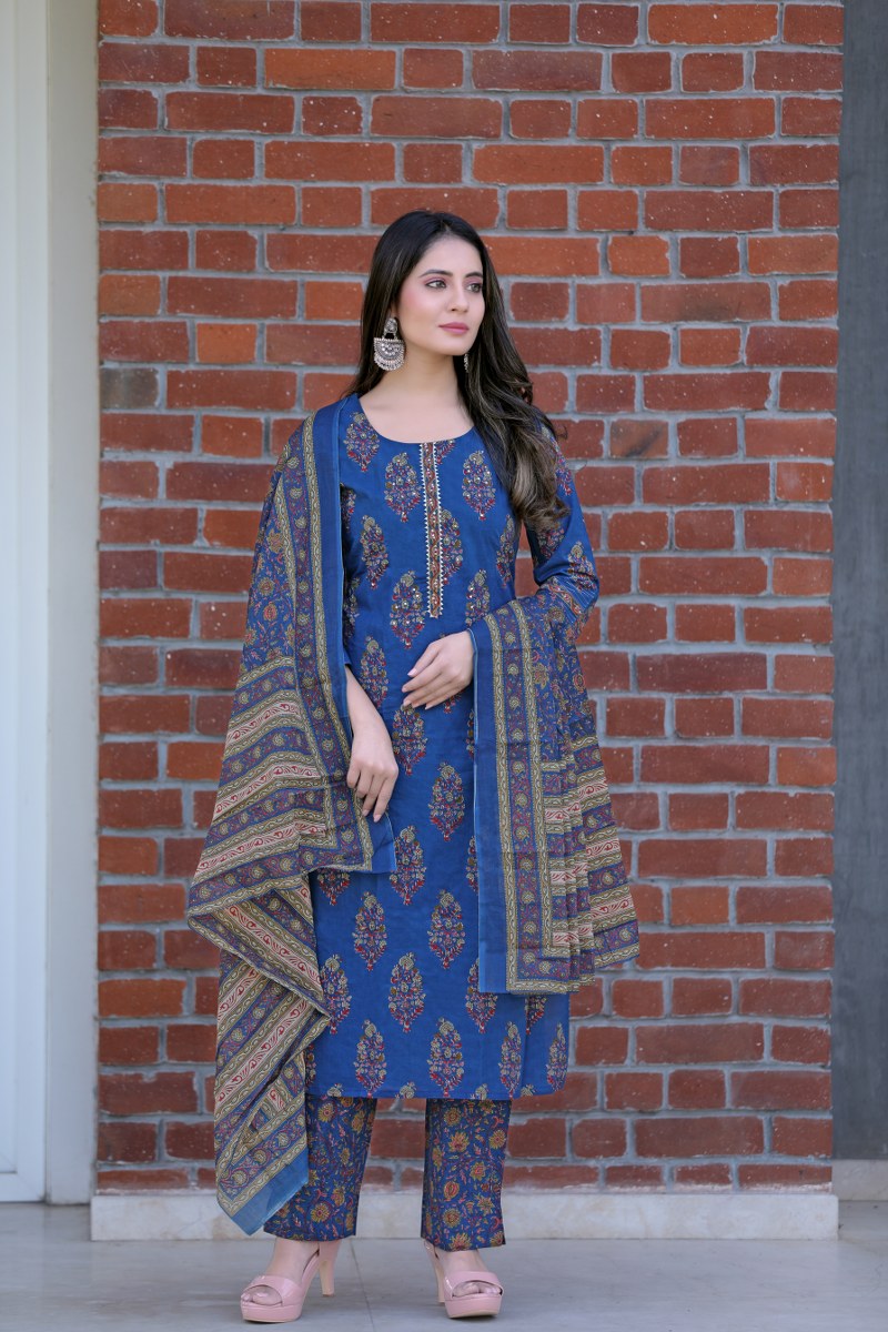 Ahika Women Blue Color Cotton Fabric Printed Fancy Kurta And Palazzo Dupatta Set VKSKD1050