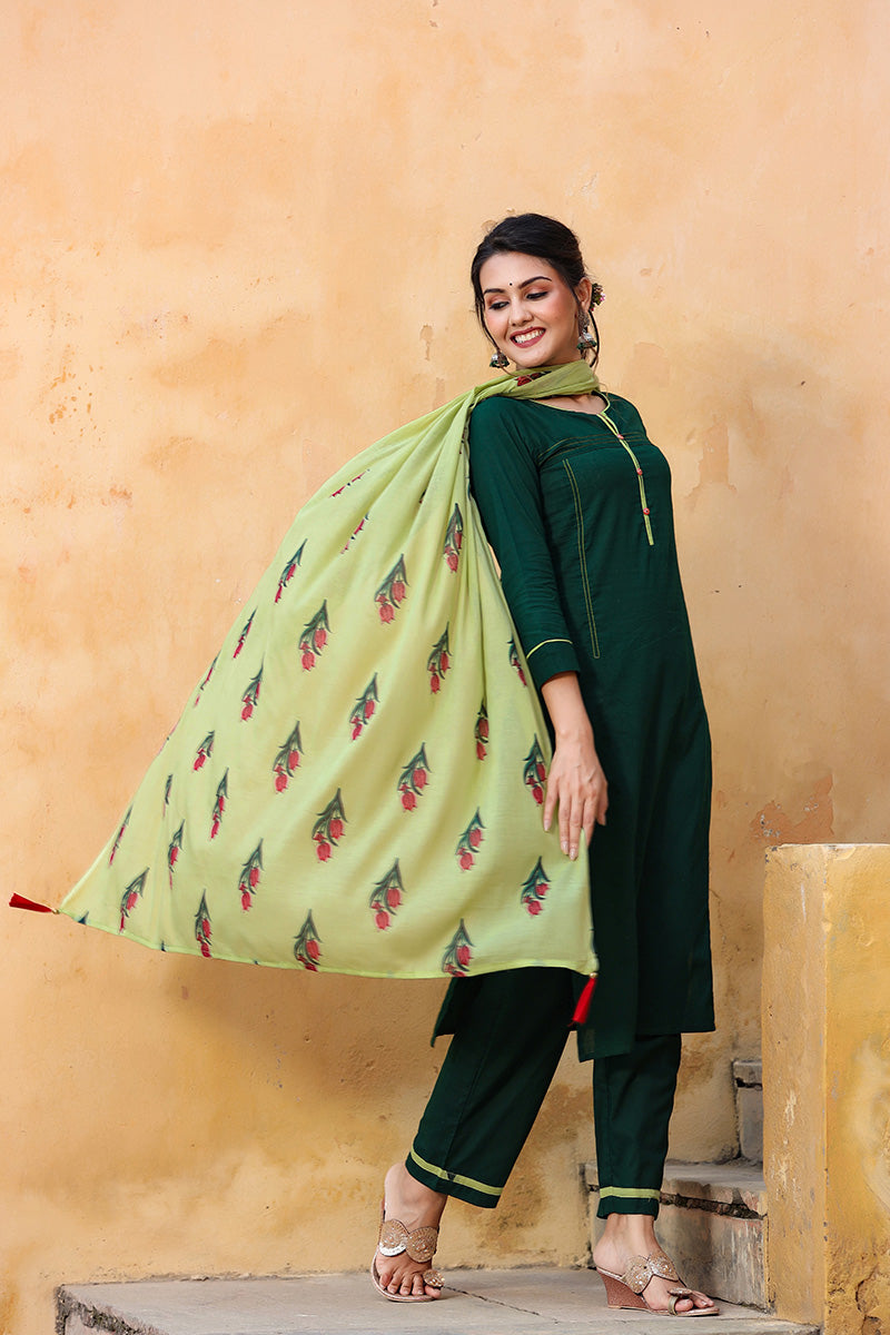 AHIKA Women Green Regular Pure Cotton Kurta with Trousers With Dupatta Set