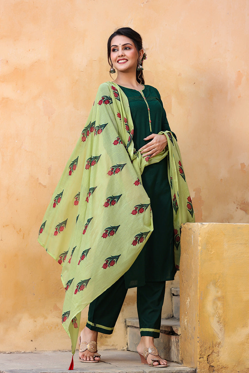 AHIKA Women Green Regular Pure Cotton Kurta with Trousers With Dupatta Set