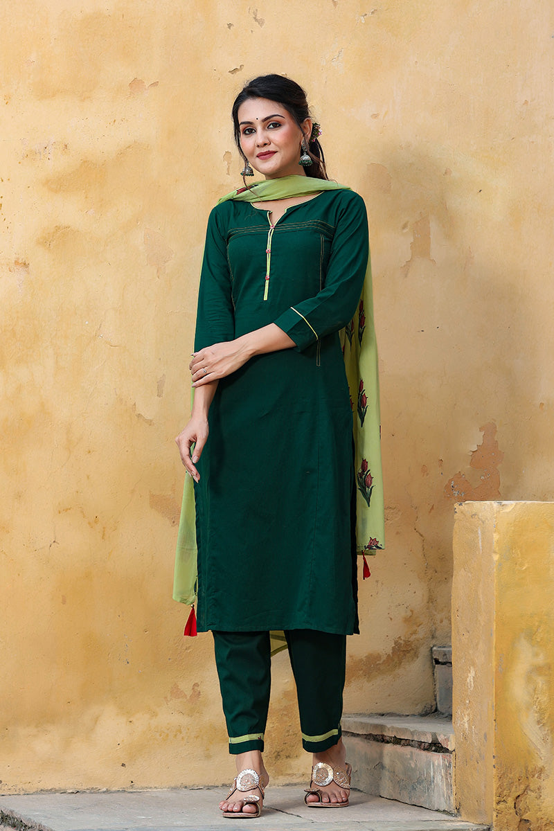 AHIKA Women Green Regular Pure Cotton Kurta with Trousers With Dupatta Set