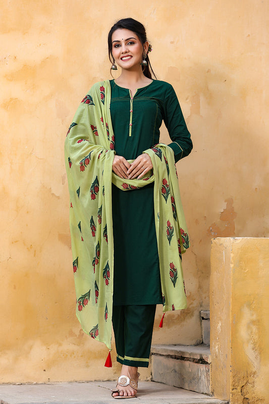 AHIKA Women Green Regular Pure Cotton Kurta with Trousers With Dupatta Set