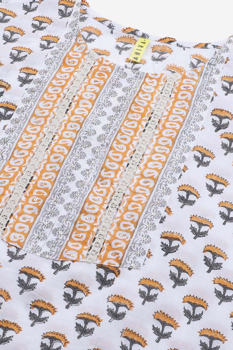 White Cotton Ethnic Motifs Printed Straight Kurta Palazzo Dupatta Set VKSKD1110