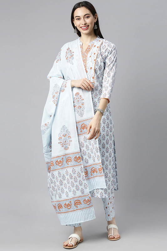Ahika Women Cotton Blue Floral Printed Straight Kurta Pant Dupatta Set