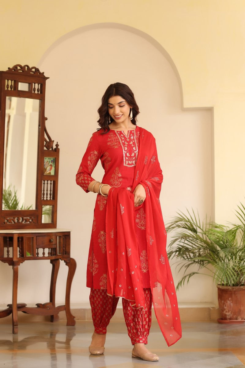 Ahika Women Cotton Red Embroidered Work Straight Kurta Pant Dupatta Set