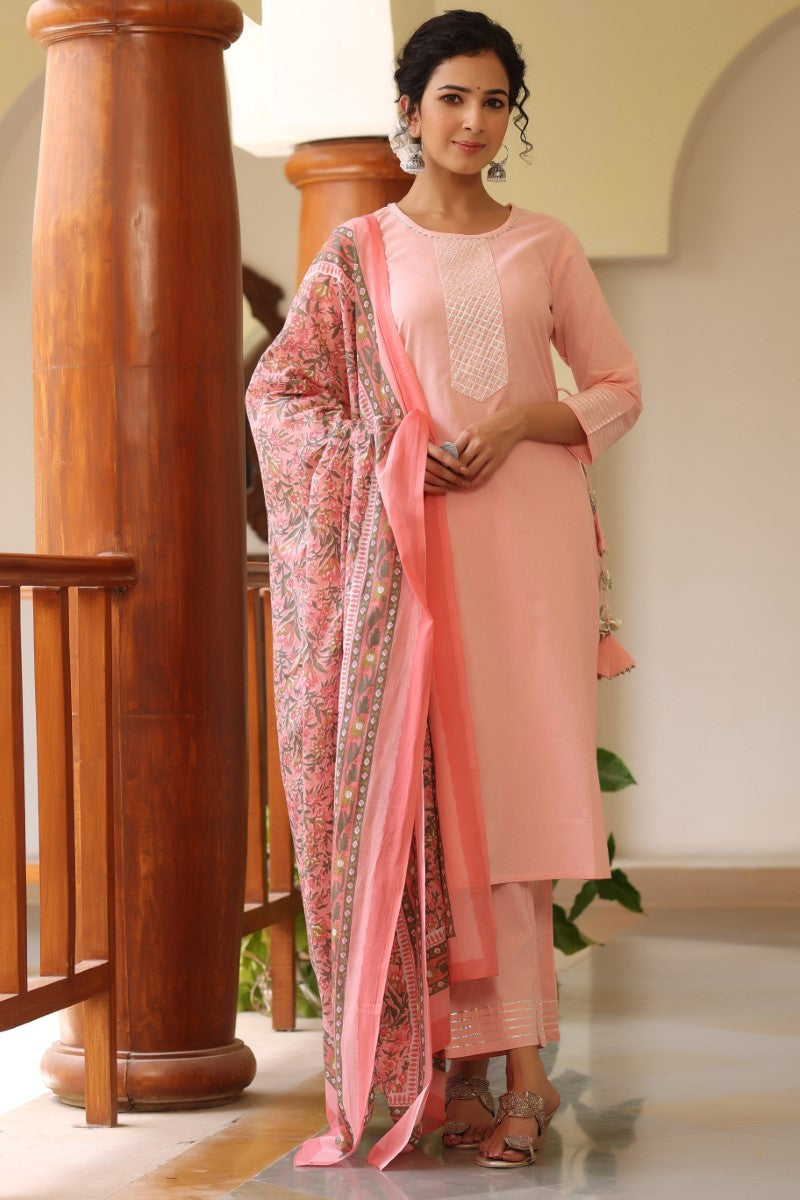 AHIKA Women Pink Yoke Design Regular Gotta Patti Pure Cotton Kurta with Trousers Dupatta