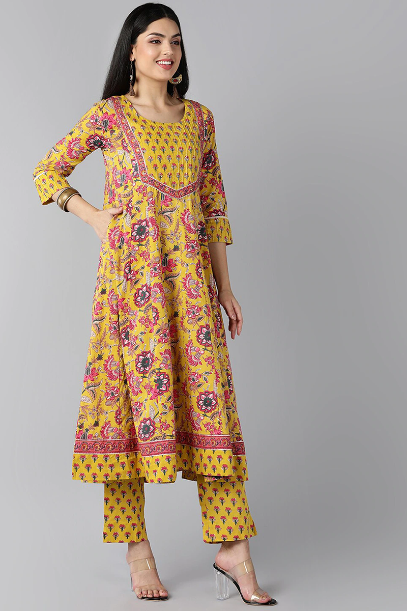 AHIKA Women Yellow Ethnic Motifs Printed Regular Pure Cotton Kurta