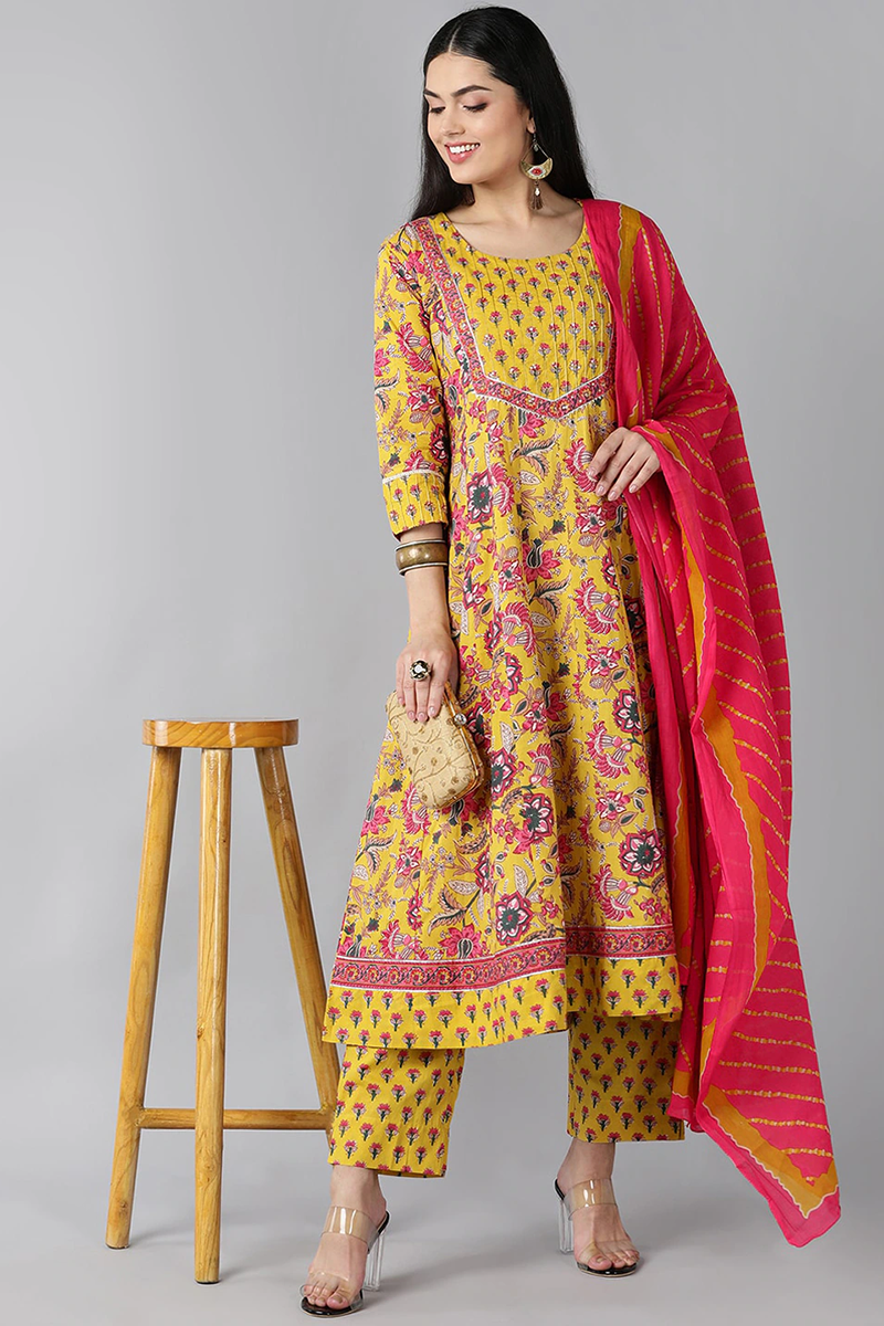 Yellow Ethnic Motifs Printed Regular Rayon Kurta VKSKD1224