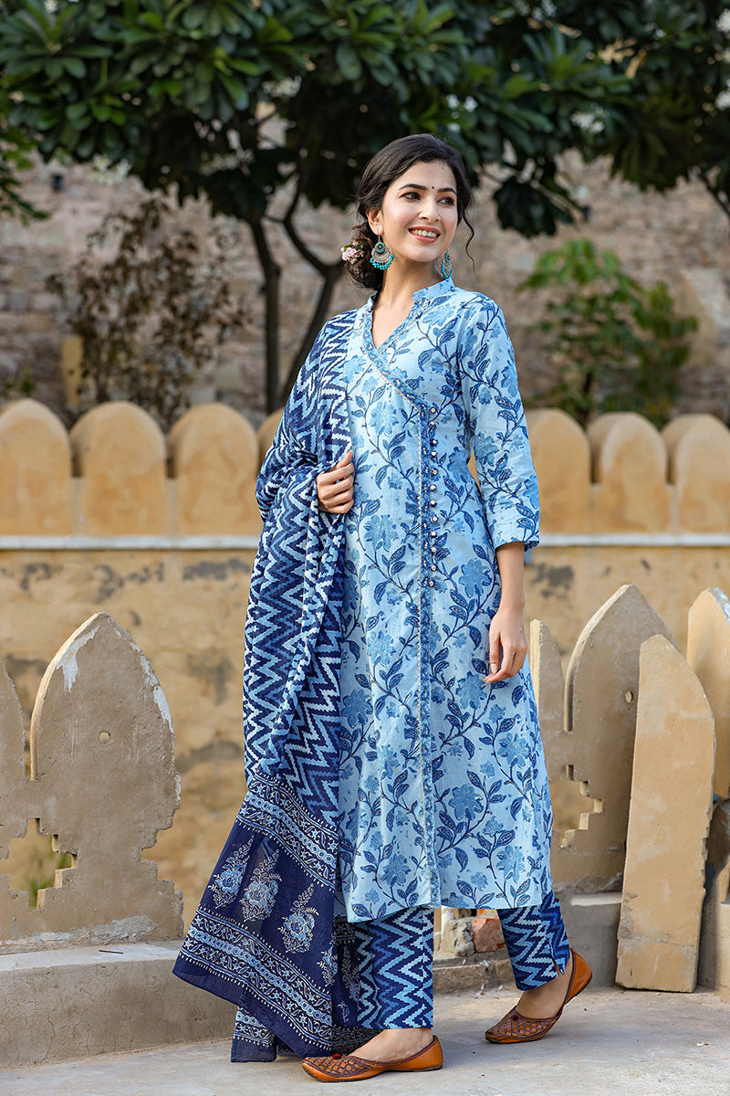 Blue Cotton Angrakha Suit Set VKSKD1226 Ahika