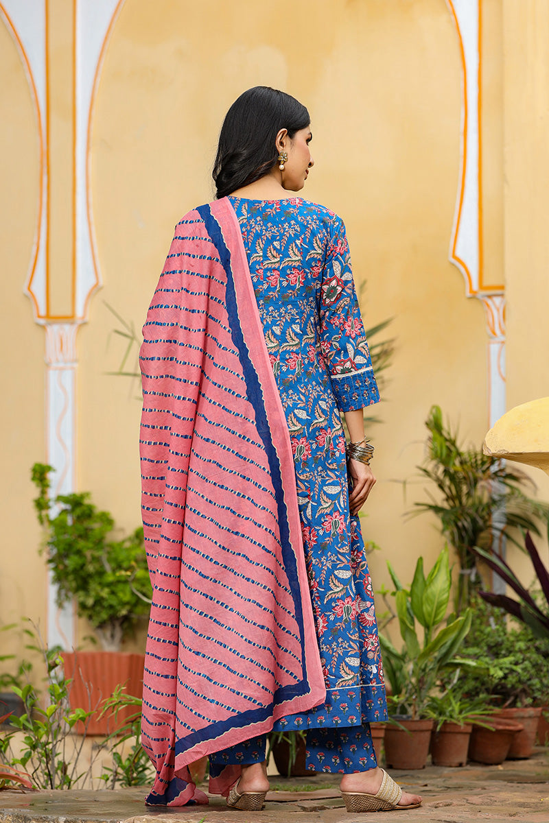 AHIKA Women Blue Pink Ethnic Motifs Print Pure Cotton Kurta with Trousers Dupatta
