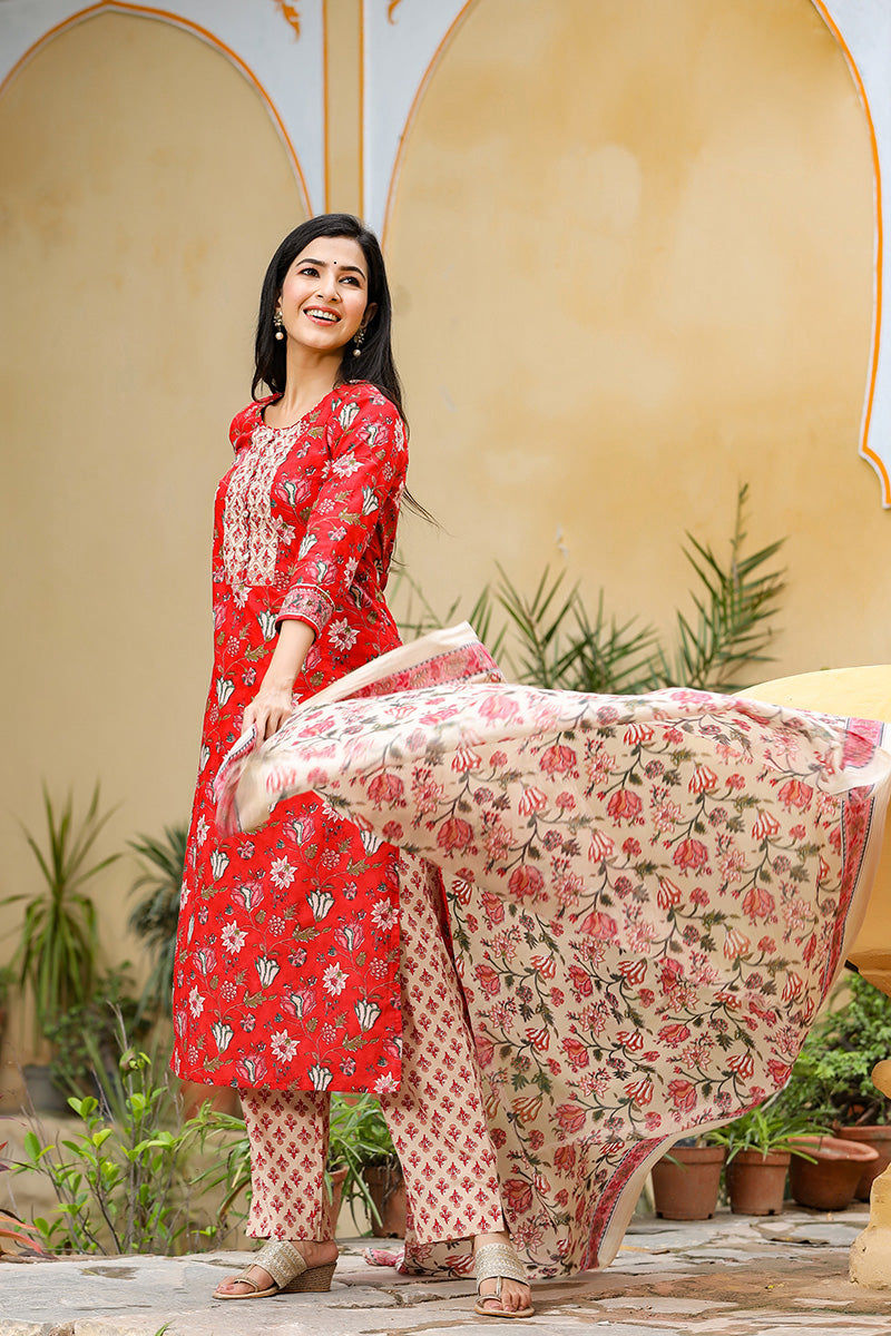 AHIKA Women Red Cream-Coloured Printed Cotton Kurta with Trousers Dupatta