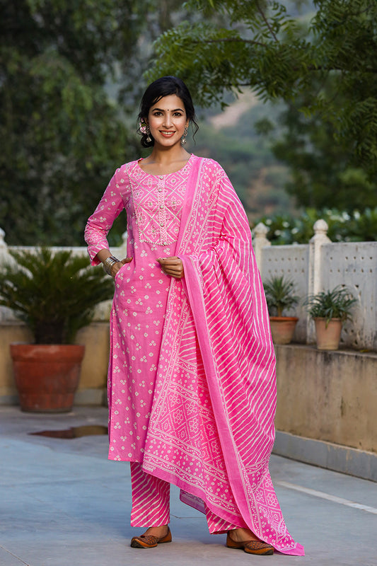 Pink White Bandhani Print Kurta with Trousers Dupatta – Ahika
