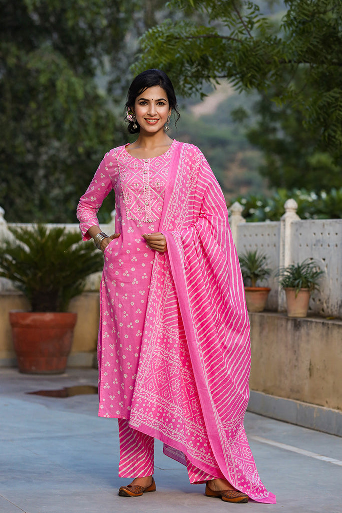 pink bandhani dress Lovely Pink Bandhani Print Georgette Gown with Sheer Sleeves and V-Nec Mangaldeep NX
