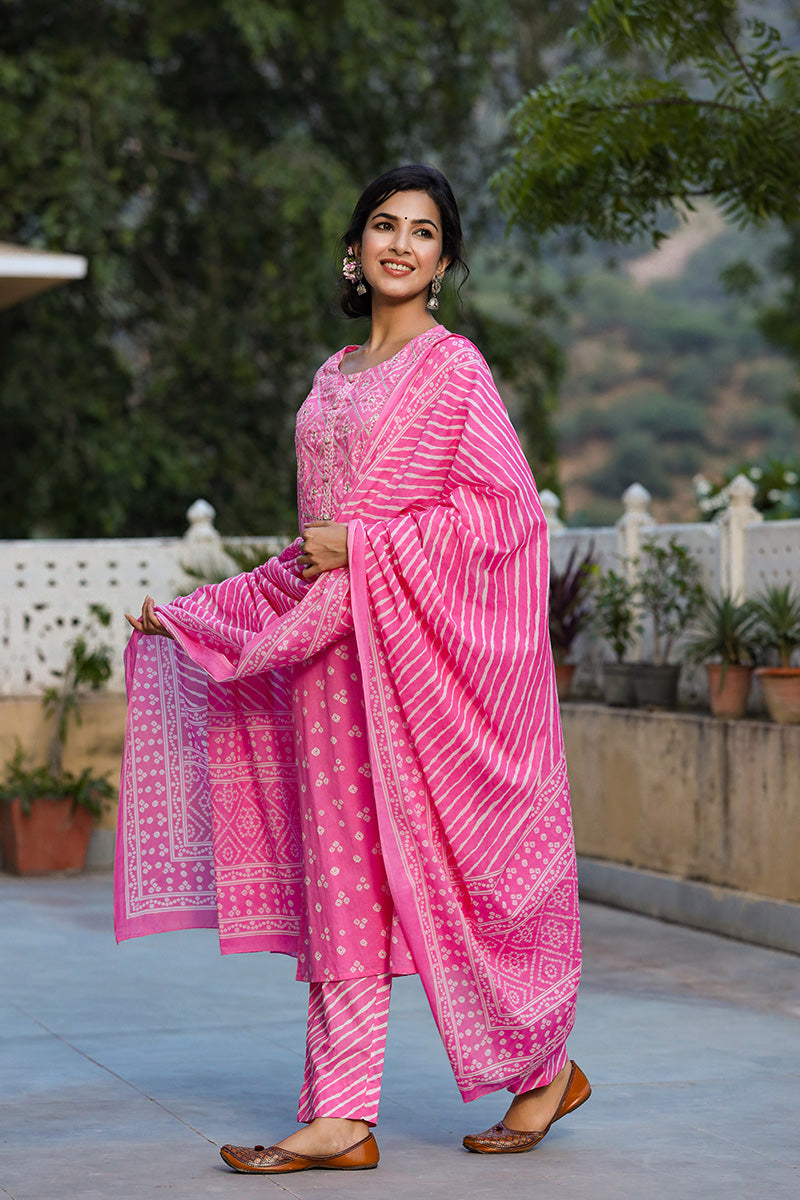 Pink White Bandhani Print Kurta with Trousers Dupatta – Ahika