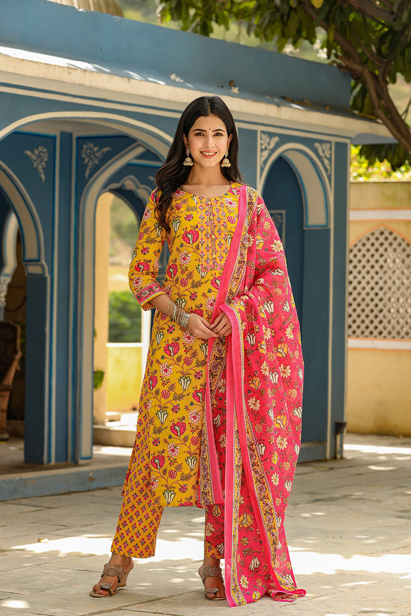 AHIKA Women Mustard Yellow Pink Ethnic Motifs Print Cotton Kurta with Trousers Dupatta