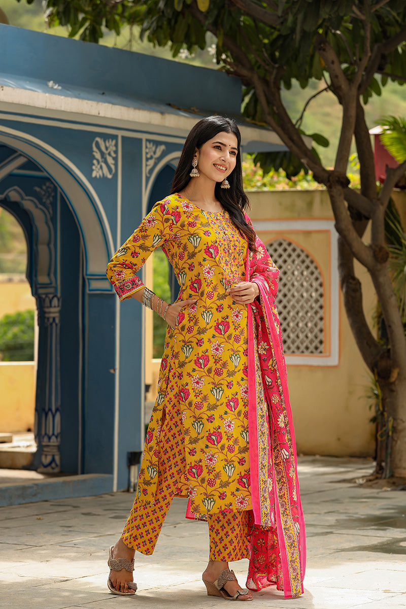 AHIKA Women Mustard Yellow Pink Ethnic Motifs Print Cotton Kurta with Trousers Dupatta