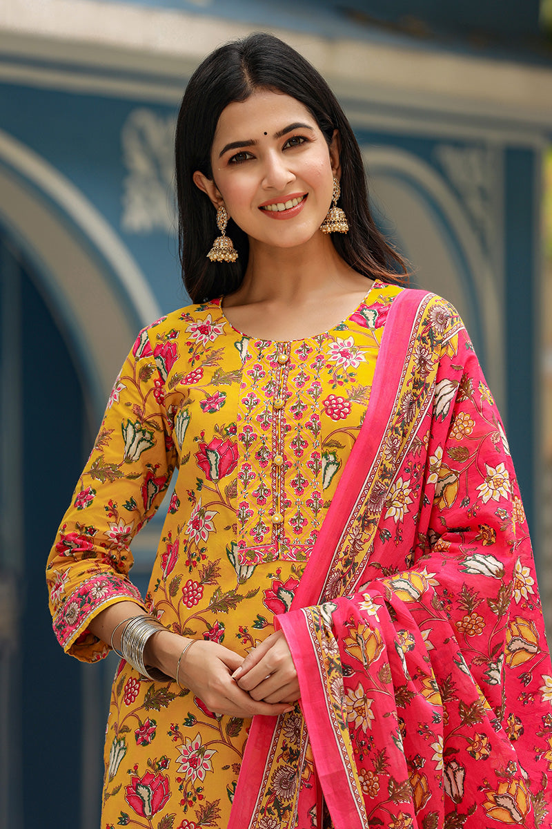 AHIKA Women Mustard Yellow Pink Ethnic Motifs Print Cotton Kurta with Trousers Dupatta