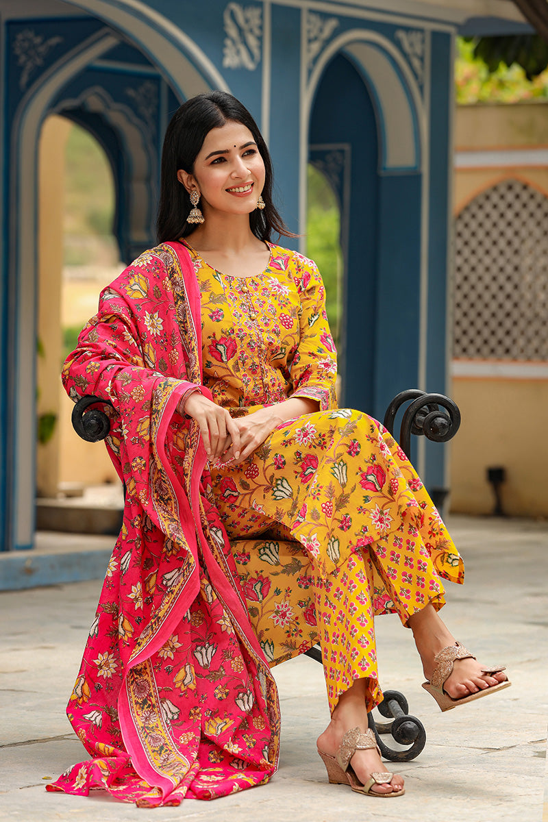 AHIKA Women Mustard Yellow Pink Ethnic Motifs Print Cotton Kurta with Trousers Dupatta