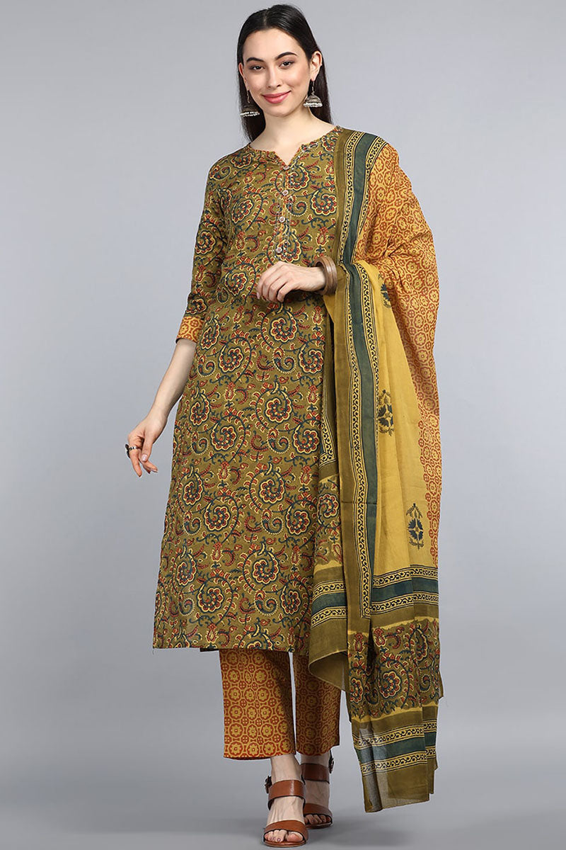 Green Yellow Floral Printed Pure Cotton Kurta with Trousers Dupatta Set VKSKD1254