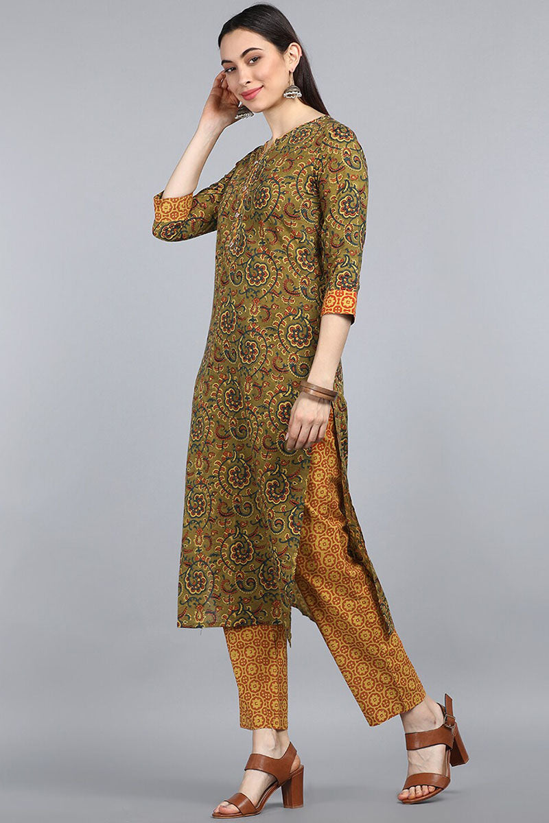 AHIKA Women Green Yellow Floral Printed Pure Cotton Kurta with Trousers Dupatta Set