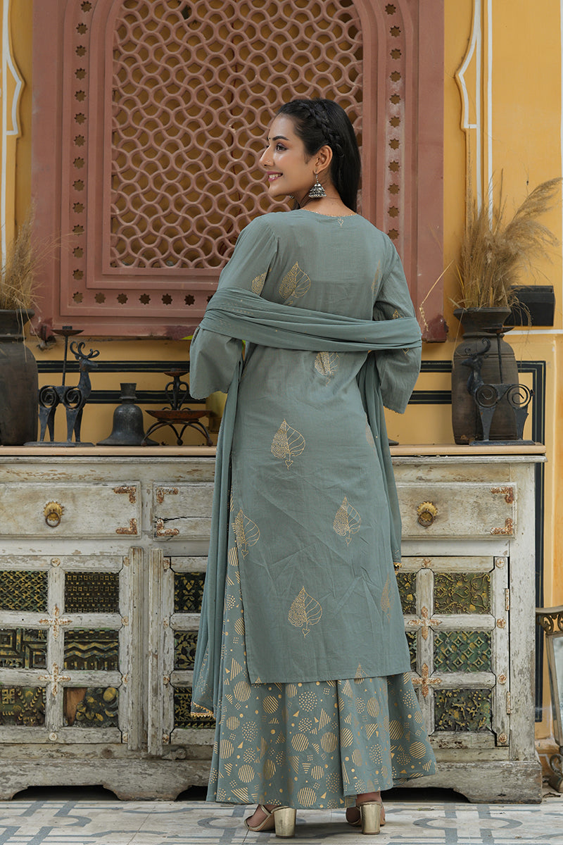 AHIKA Women Grey Gold Toned Embroidered Pure Cotton Kurta With Palazzos Dupatta Set