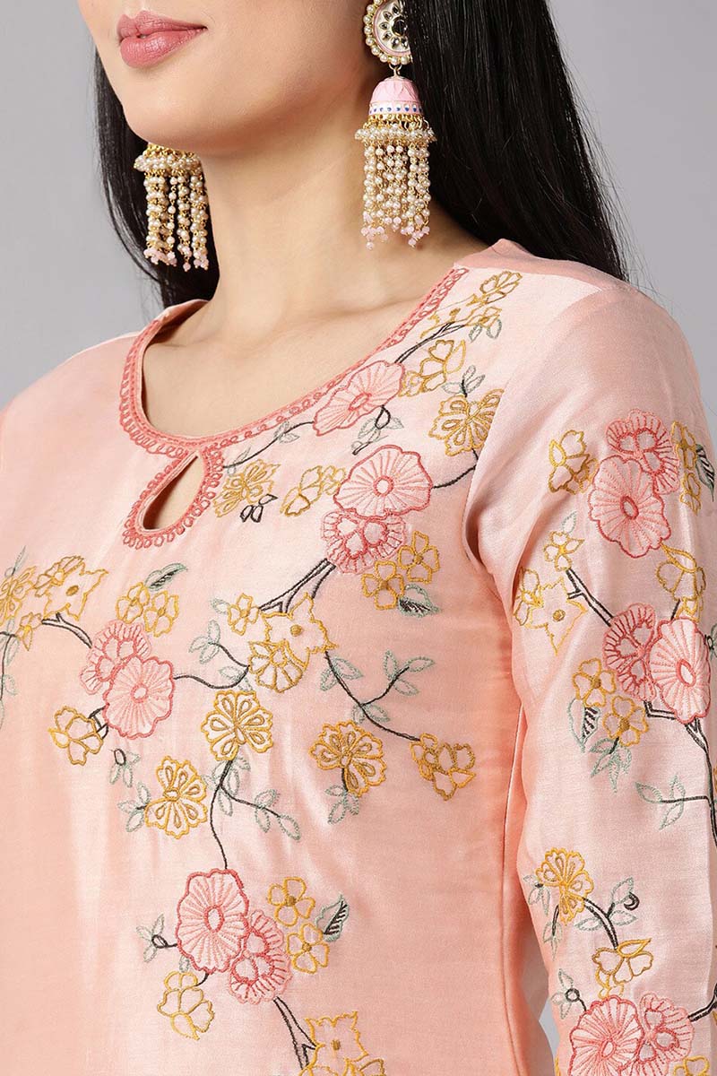 AHIKA Women Peach Floral Embroidered Regular Kurti with Trousers Dupatta Set