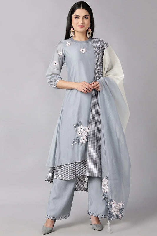 AHIKA Women Grey Floral Embroidered Layered Kurta with Palazzos With Dupatta Set