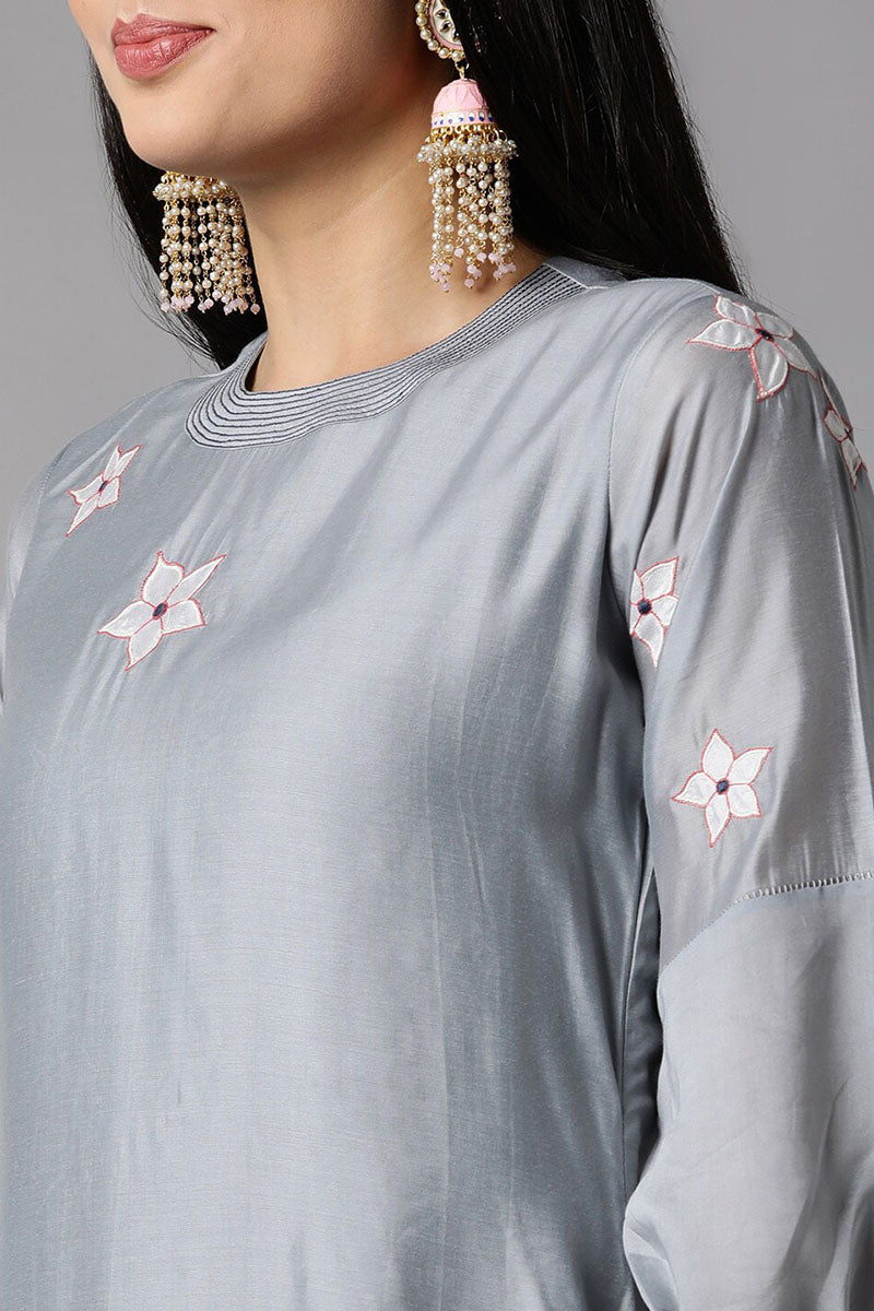 AHIKA Women Grey Floral Embroidered Layered Kurta with Palazzos With Dupatta Set
