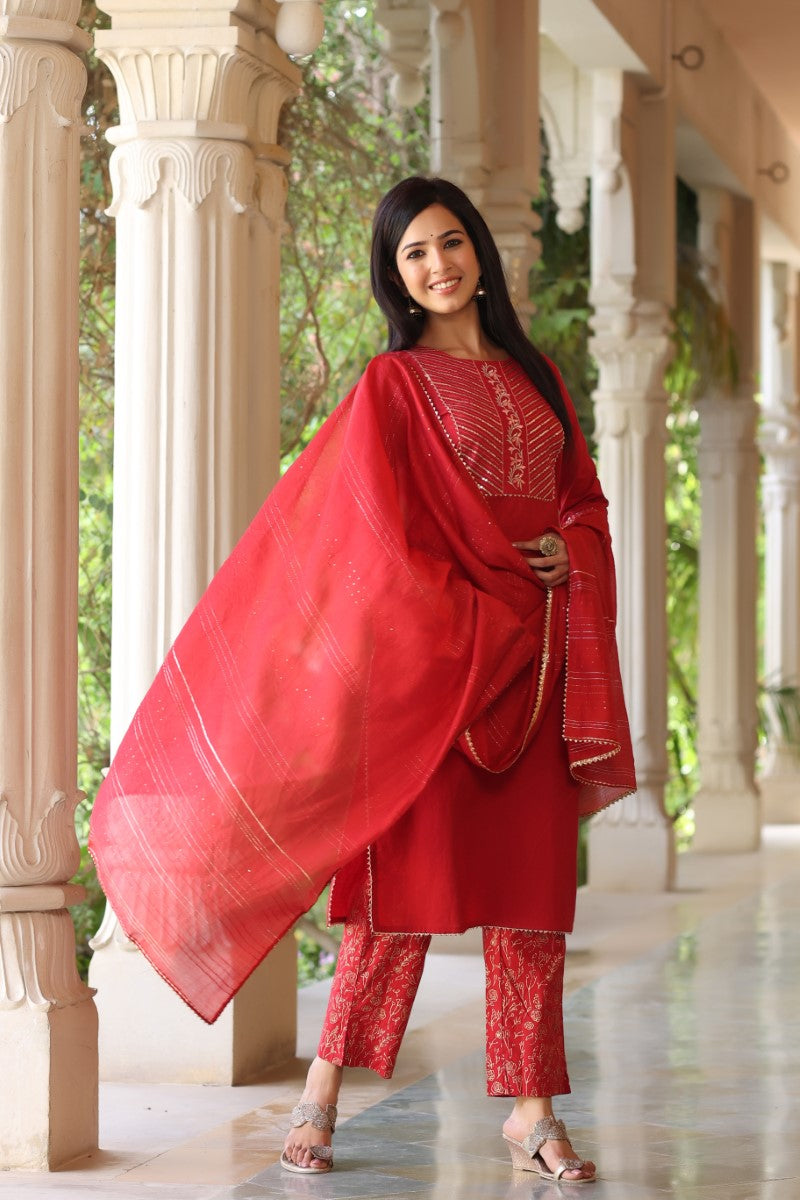 AHIKA Women Red Printed Embroidered Kurti Trousers With Dupatta