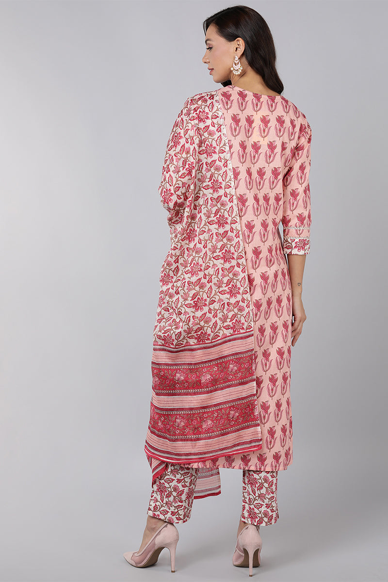 AHIKA Women Pink Printed Kurta Trousers With Dupatta 