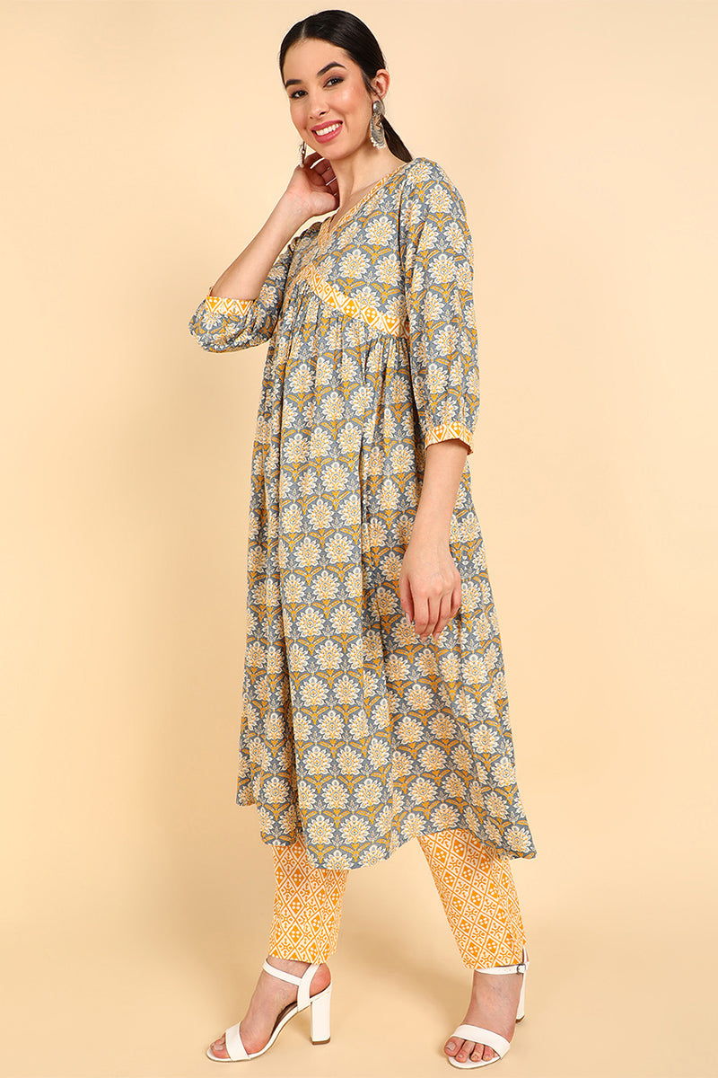 Yellow Pure Cotton Ethnic Motifs Printed Flared Style Suit Set VKSKD1386