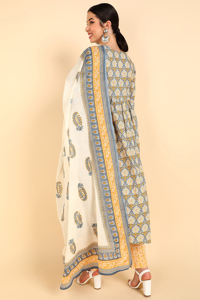 Yellow Pure Cotton Ethnic Motifs Printed Flared Style Suit Set VKSKD1386