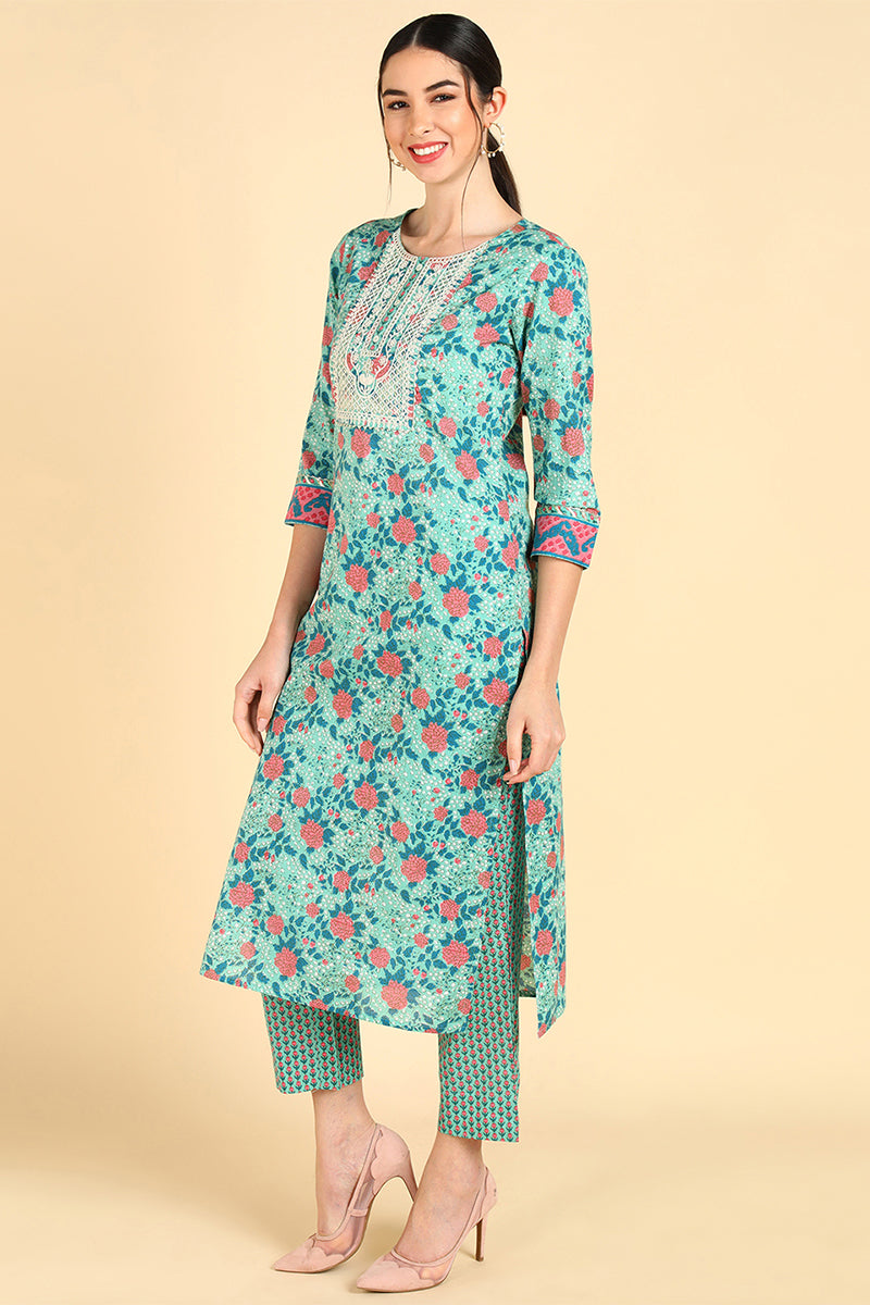 Ahika Women Sea Green Floral Printed Pure Cotton 