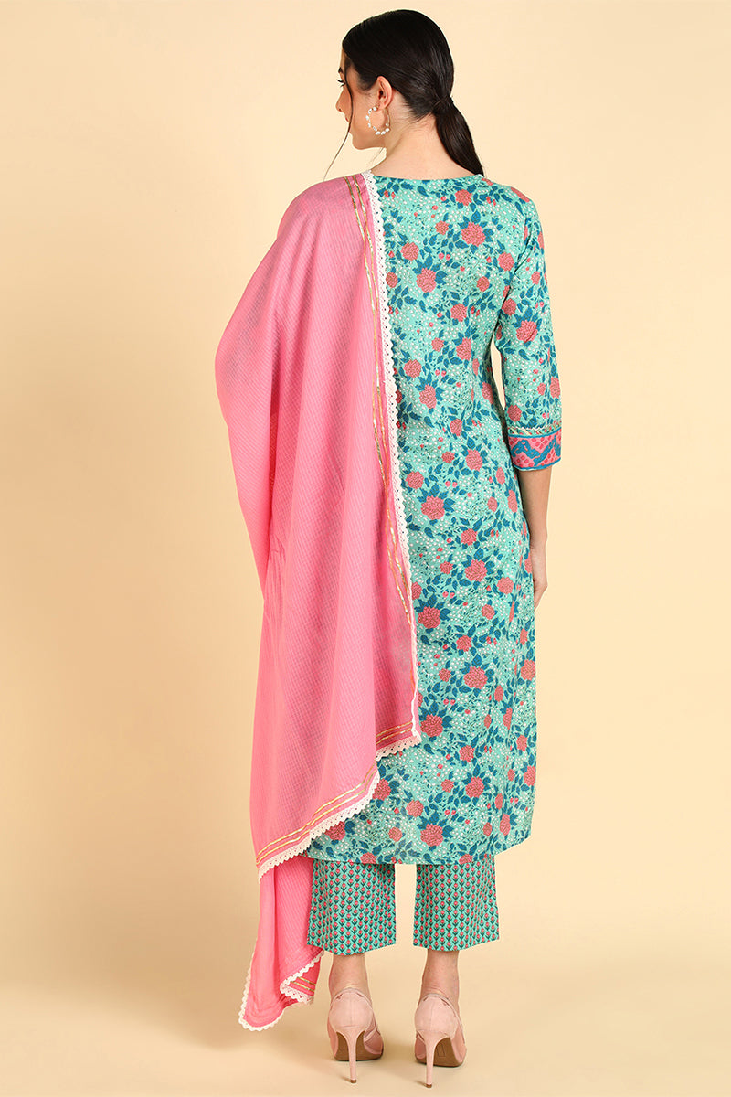 Ahika Women Sea Green Floral Printed Pure Cotton 