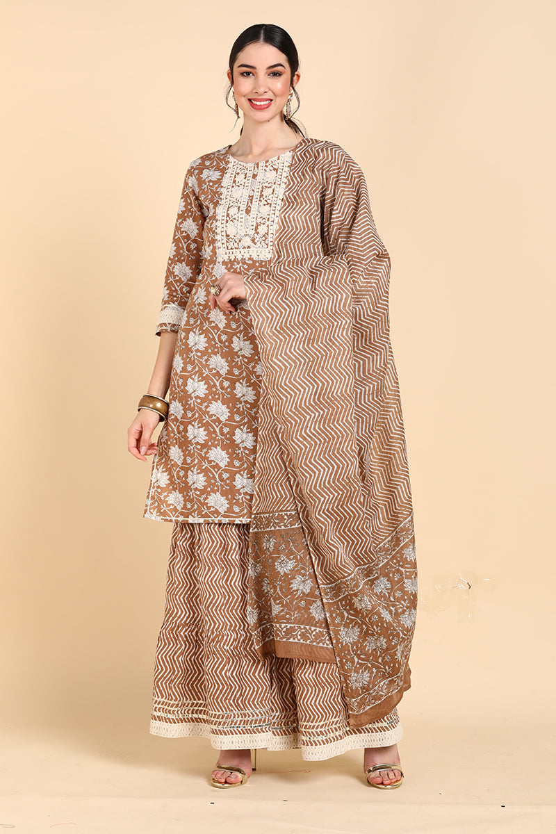 AHIKA Women Beige Printed Kurta Palazzos With Dupatta