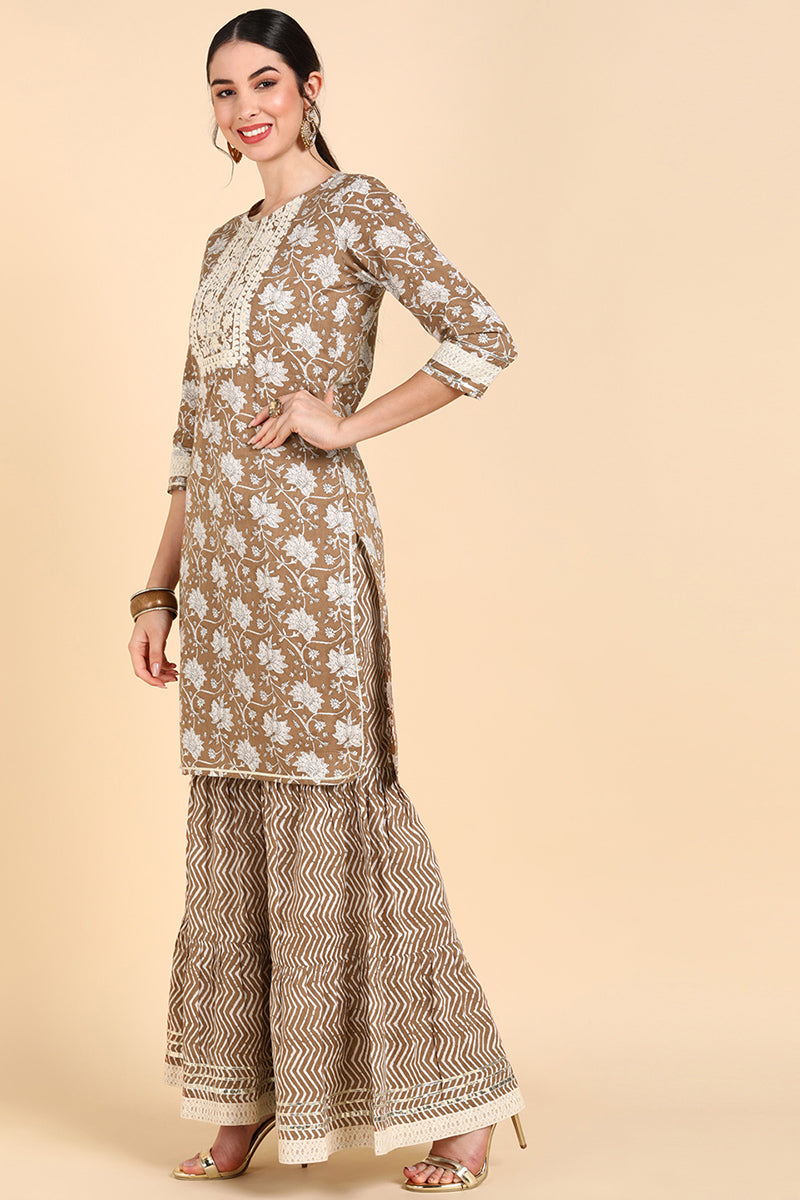 AHIKA Women Beige Printed Kurta Palazzos With Dupatta