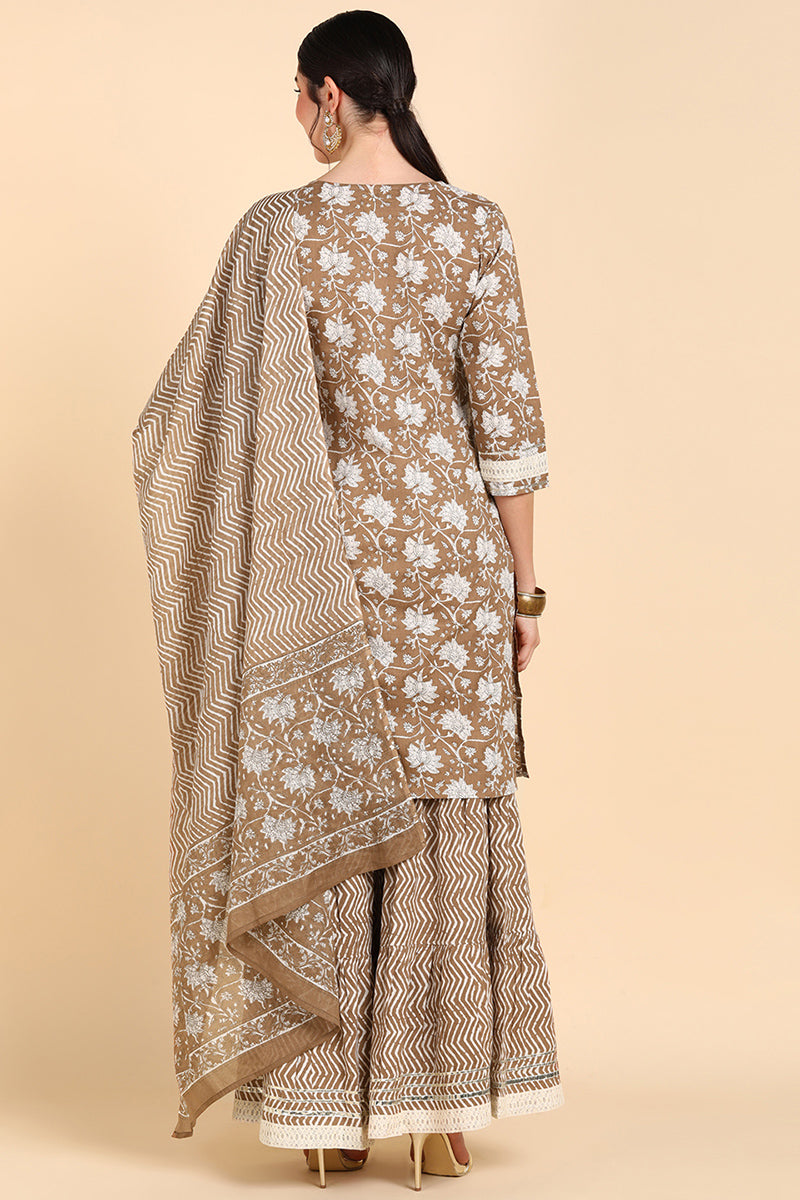 AHIKA Women Beige Printed Kurta Palazzos With Dupatta