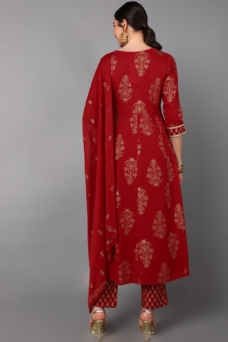 Red Cotton Straight Kurta Pant With Dupatta Set 