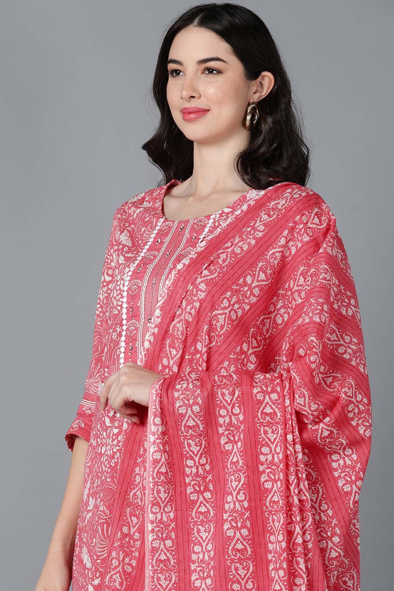 Ahika Women Pink Cotton Printed Kurta Trouser With Dupatta 
