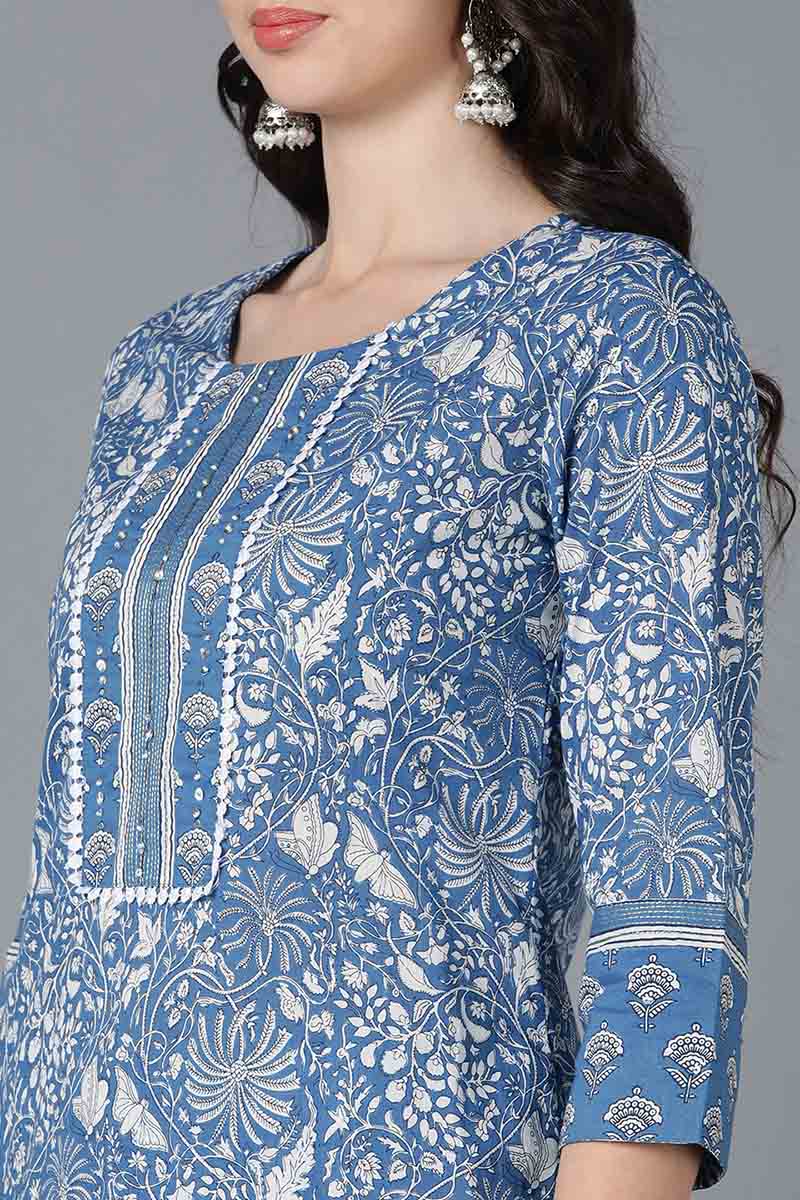 Ahika Women Blue Cotton Printed Kurta Trouser With Dupatta 