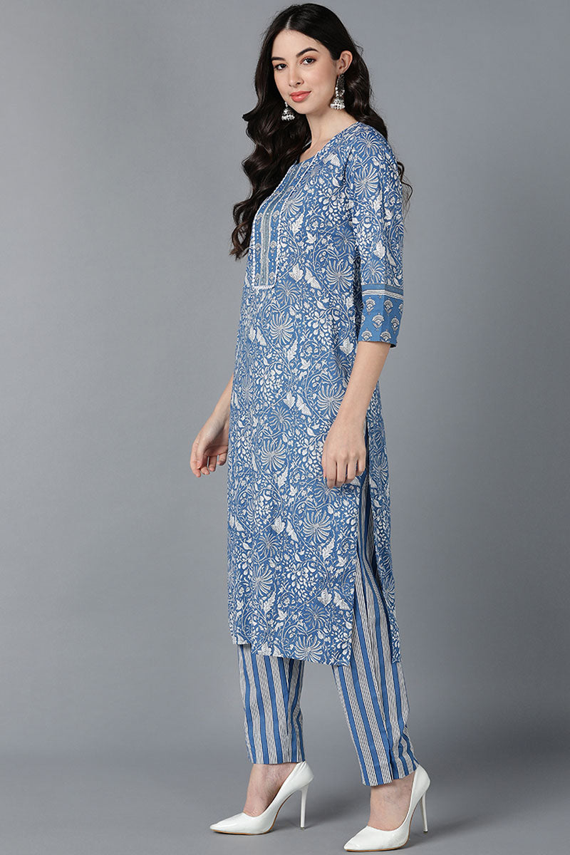Buy Sky Blue Beige Kurta Plain Ankle Length Pant Set Handloom Cotton Block  Print Shorts for Best Price, Reviews, Free Shipping