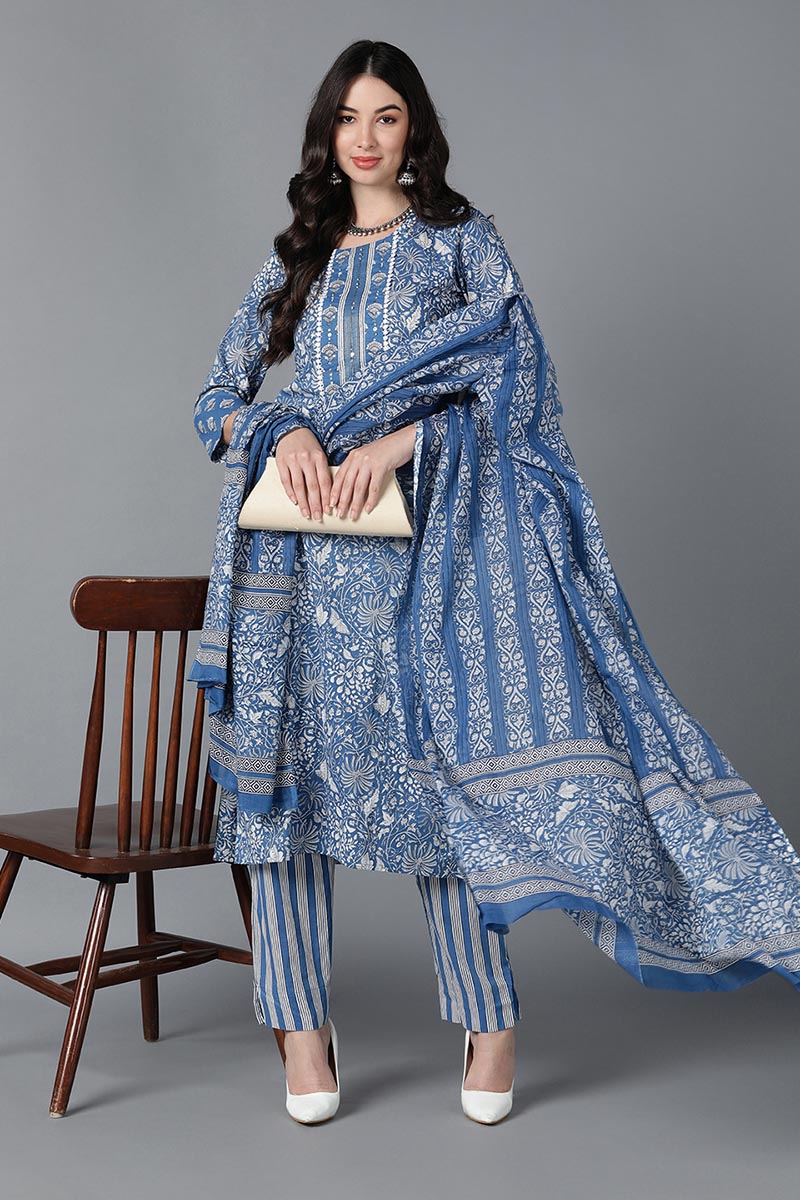 Ahika Women Blue Cotton Printed Kurta Trouser With Dupatta 